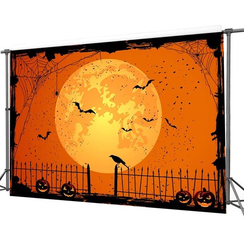 CYLYH 8x6ft Happy Halloween Orange Backdrop Halloween Eve BackdropHalloween Party Lantern Moon Bat Spider Web Graveyard Fence Photography Background Party Decorations