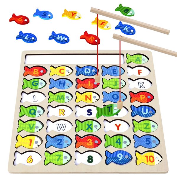 POPLAY Magnetic Fishing Game for Toddlers, Wooden Alphabet Learning Toys Board Games Montessori Fishing Game with Letters and Numbers Learning ABC for 3 4 5+ Year Old
