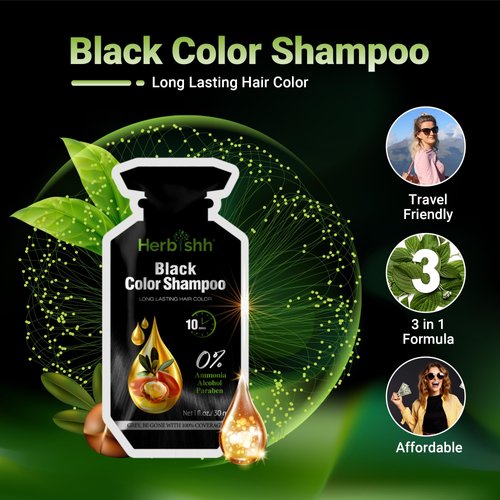 Herbishh Hair Color Shampoo 10 Sachet +1 Argan Hair Mask Pouch | 3 in 1 Hair Dye | Easy to Use | Gray Coverage | Travel Size | Available in 6 Colors | Long Lasting Hair Color | (Black)