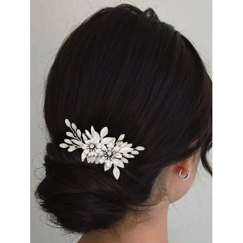 Latious Bride Wedding Flower Hair Comb Silver Floral Bridal Hair Pieces Rhinestones Hair Clip Vintage Leaf Hair Accessories for Women and Girls