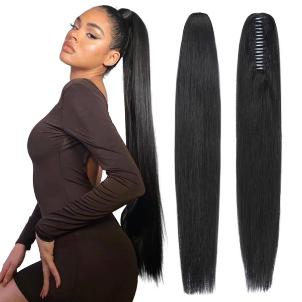 FUOTONBUTY Claw Clip Ponytail Extension 100% Real Remy Human Hairpiece Pony Tails Hair Extensions Long Straight Ponytail for Women (14 inch, Jet Black)