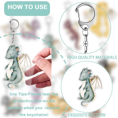qhqqwzxqc 12 PCS Dragon Keychain, Watercolor Dragon Party Favors Magical Dragon Birthday Party Decoration Whimsical Dragon Party Supplies Dragon Key Ring for Kids Classroom School Prizes Rewards