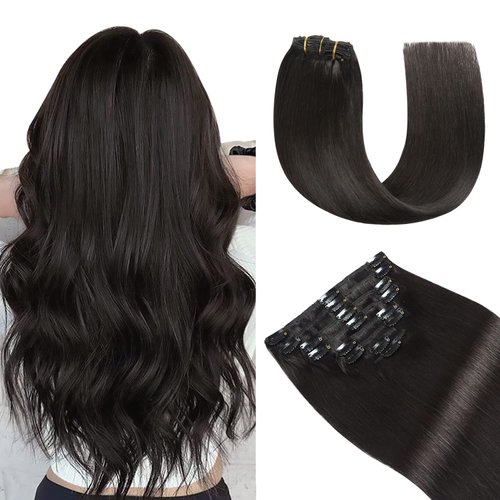 YILITE Hair Extensions Clip in Real Hair Off Black Double Weft Invisible 8Pcs/Pack 120g Remy Human Hair Silky Straight Human Hair Extensions Clip in Full Head ( 20inches #1B Off Black)
