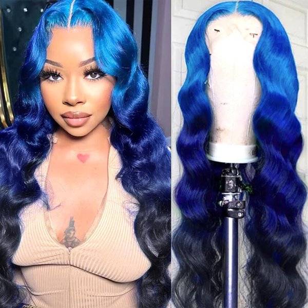 Light Blue to Dark Blue Ombre Lace Front Wig Human Hair Blue Wig 13x4 Hd Lace Frontal Body Wave Wig 3 Tones Colored Ombre Blue Lace Front Wig Glueless Pre Plucked Bleached Knots 28 Inch 150% Density
