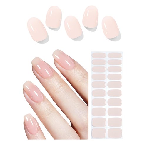 Wahrshei Semi Cured Gel Nail Strips, Natural Color, Jelly Nude, Easy to Use and Remove, 20pcs Gel Nails Sticker for Home Nails DIY