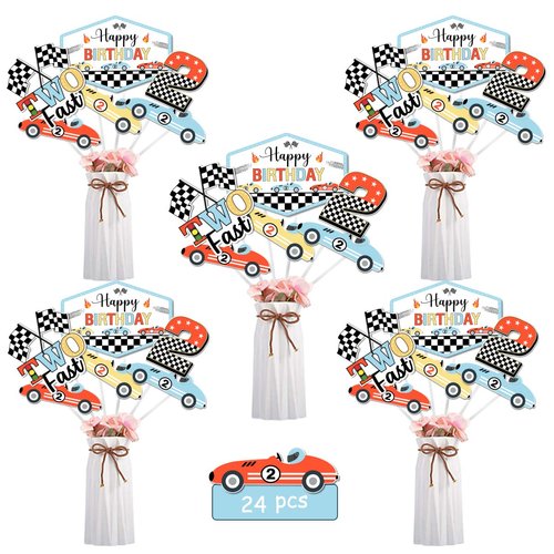 Vintage Race Car Birthday Decorations - 24pcs Two Fast Birthday Centerpieces, Retro Race Car Centerpiece Sticks Table Decoration, Let's Go Racing 2nd Birthday Party Supplies for Boys
