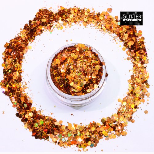 Burnt Orange Holographic Chunky Glitter Mix GLITTERWAREHOUSE COSMETIC GLITTER Loose Glitter Powder for Festival Beauty Makeup Face Body Hair Nails Eyes Lips (100g Bag)