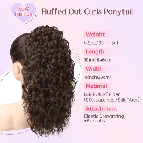 HOOJIH Ponytail Extension, Curly Wavy Drawstring Ponytail Hair Extensions Extra Fluffy Fake Pony Tail Extension 18 Inch Synthetic Hairpiece for Women Daily Use - Mixed Brown