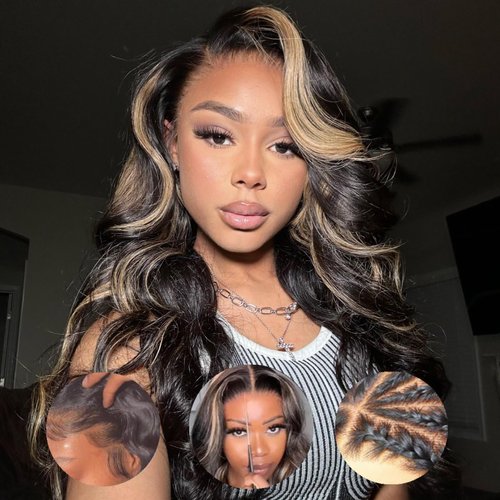 Julia Hair Highlight Balayage Blonde Body Wave Bye Bye Knots Wigs Pre Cut Glueless Wig 12A Brazilian Virgin Human Hair Put on and Go 7x5 HD Lace Front Wigs Pre Plucked Fast Wear for Beginners 20 Inch