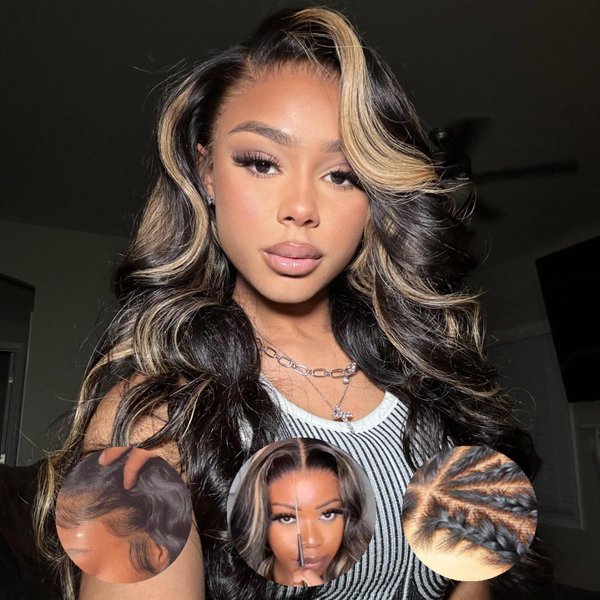 Julia Hair Highlight Balayage Blonde Body Wave Bye Bye Knots Wigs Pre Cut Glueless Wig 12A Brazilian Virgin Human Hair Put on and Go 7x5 HD Lace Front Wigs Pre Plucked Fast Wear for Beginners 20 Inch