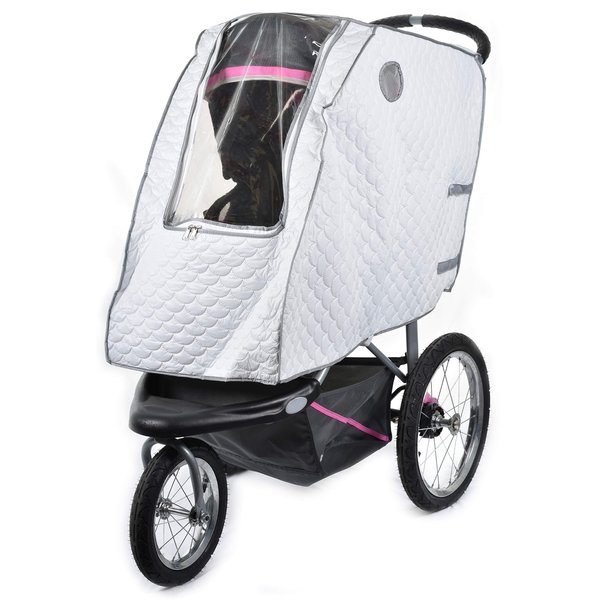 Masirs Baby Stroller Rain Cover - Universal Size, Provides Extra Warmth & Shields Child from Wind & Rain. Mesh Material for Ventilation & Reflective Trimming for Night Visibility. (White, Quilted)