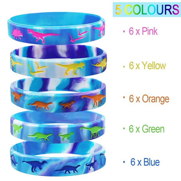 Heqishun Dinosaurs Silicone Wristbands 30 Pack Dinosaurs World Jurassic Party Supplies for Dinosaurs Theme Party Favors Gifts Bags Stuffers