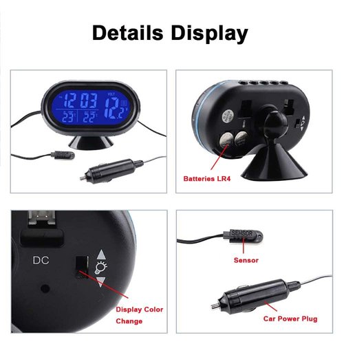 Riloer 12V Car Digital Thermometer Voltmeter Clock Alarm Monitor Orange+Blue, Clock LCD Detector LED Display, Multifunctional Auto Meter Clock Voltage Freezing Temperature Gauge