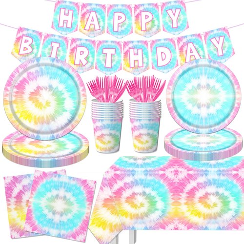 142 Pcs Tie Dye Birthday Party Decorations,Colorful Birthday Party Supplies Tableware,Includes Tablecloth,Birthday Party Plates and Napkins,Cups,Happy Birthday Banner for Birthday Party Decorations