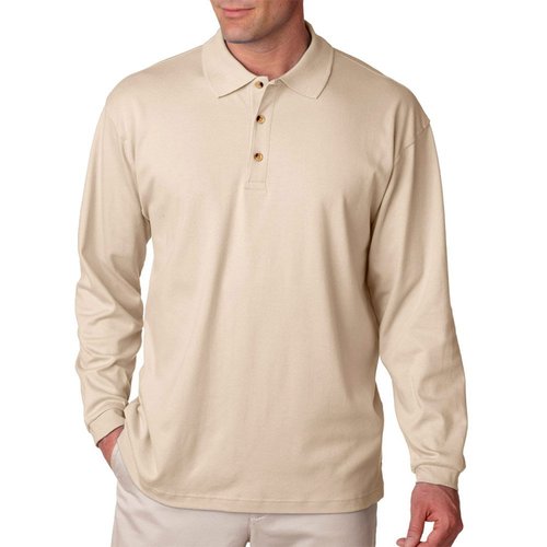 UltraClub U8501 Men's Egyptian Interlock Long Sleeve Polo Shirt (Small, Stone)