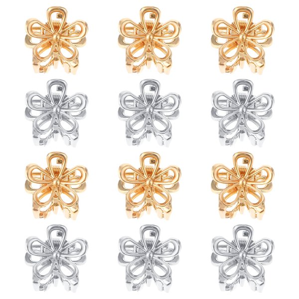 Mabor 12Pcs Small Flower Hair Claw Clips Tiny Claw Clips for Thick Thin Hair Cute Hair Barrettes for Women Teen Girls Mini Floral Hair Clips Gold Silver Hair Styling Accessories
