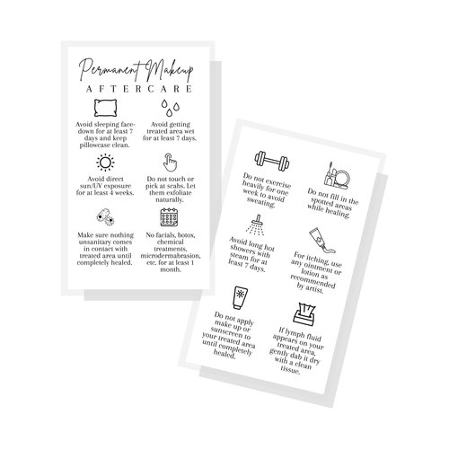 Permanent Makeup PMU aftercare Instructions Minimalist | 50 pk 2 x 3.5” business cards Makeup Artist Tattoo Microblading, Lip Blushing, Eyeliner Client Cards How To Care for White and black Simple