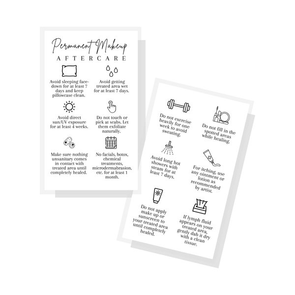 Permanent Makeup PMU aftercare Instructions Minimalist | 50 pk 2 x 3.5” business cards Makeup Artist Tattoo Microblading, Lip Blushing, Eyeliner Client Cards How To Care for White and black Simple