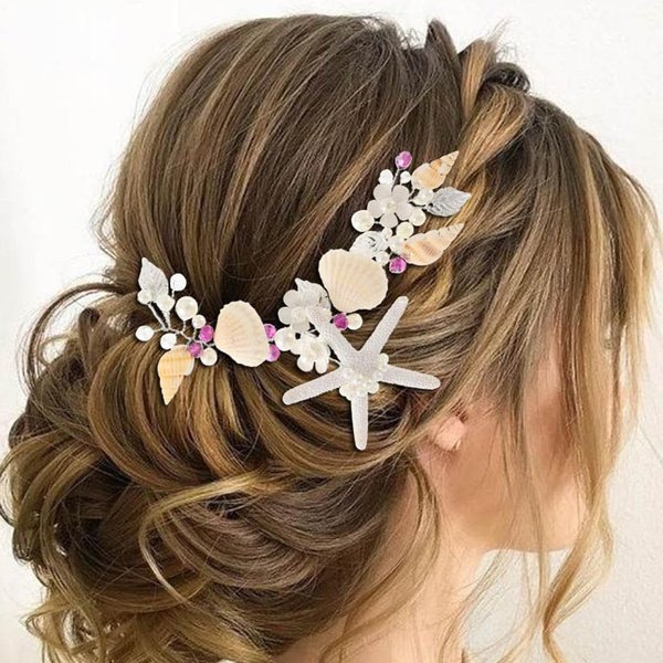 Brishow Wedding Starfish Headband Silver Seashell Headpiece Pearl Flower Beach Bridal Hair Accessories for Women and Girls