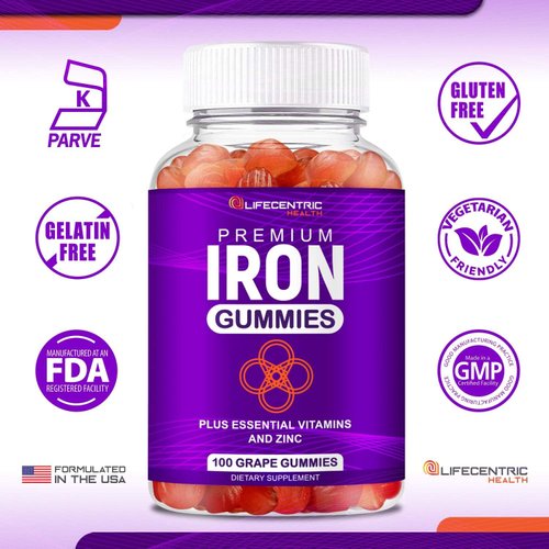 LifeCentricHealth Iron Gummies for Adults & Kids | Biotin Zinc Vitamin B Folic Acid Gummies | Vegan Gluten Free Blood Builder Anemia Supplements | Tasty Energy Boosting Iron Supplement for Women & Men