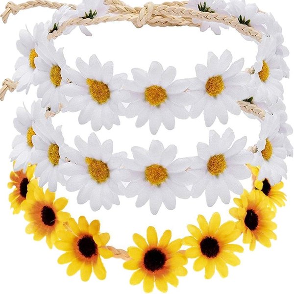 Bnikion 3 Pcs Sunflower Headband Crown Headpiece Daisy Headbands for Women Girl 60s Hippie Boho Hat Accessories Bridal Wedding Summer Beach Party Hair Wreath Garland