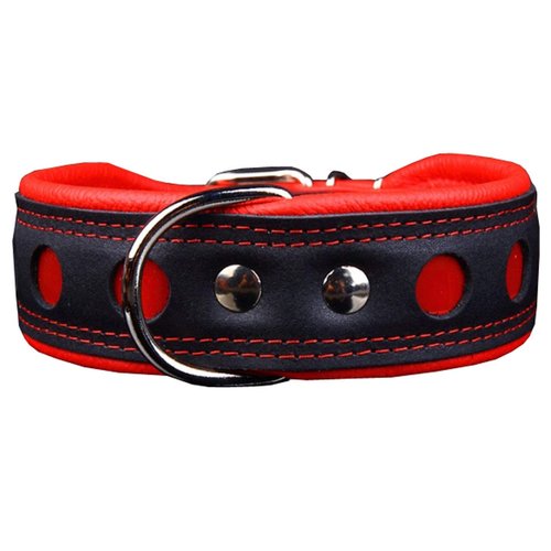 Dogs My Love Real Leather Soft Leather Padded Dog Collar Reflective (13.75"-16.25" Neck; 1.75" Wide, Black/Red)