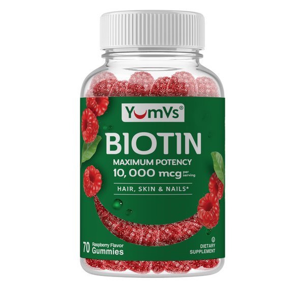 Biotin 10000 mcg Maximum Potency Gummies by YumVs | for Adults Women & Men | Hair, Skin & Nails Support | Natural Raspberry Flavor - 70 Count