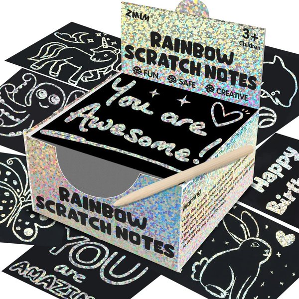 ZMLM Stocking Stuffers for Kids - 165 Holographic Silver Scratch Mini Art Notes Magic Scratch Paper Art Card Toy Bulk Art Craft Supplies Birthday Party Favor Gift for Girl Boy Halloween
