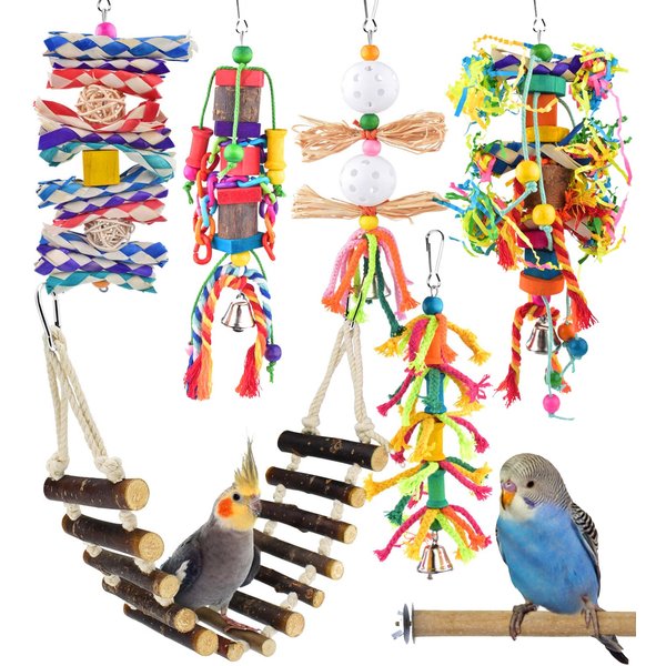 KATUMO Small Bird Toys, Colorful Bamboo Hanging Shredding Toys Parrot Chew Wooden Blocks Natural Wood Ladder Bird Perch for Parakeets, Conures, Cockatiels, Budgies, Love Birds and Other Small Birds