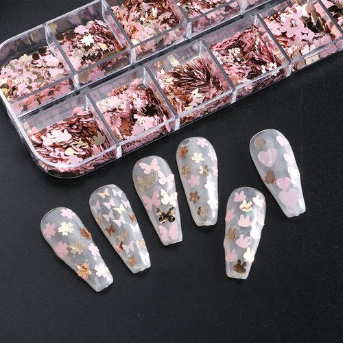 12 Grids Gold Pink Nail Glitter Sequins 3D Holographic Nail Glitter Flakes Butterfly Flower Leaf Nail Sequin Flakes Heart Rabbit Nail Charms for Women Nails Art Decorations