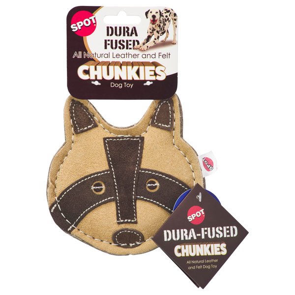 SPOT Dura-Fused Chunkies Raccoon - All Natural Leather and Felt Dog Toy - No Squeak, No Fluff, Durable, Extra Thick Dog Chew Toy for Aggressive Chewers, Great for Adult Dogs and Teething Puppies, 5in