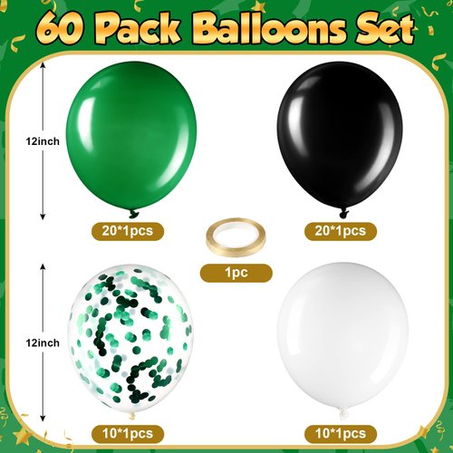 60 Pcs Balloons Kit 12 Inch Confetti Balloons with 2 Rolls Ribbon Latex Balloon Party Favor Metallic Balloons for Memorial Day, Birthdays, Fourth of July, Halloween Decorations(Black, Green, White)