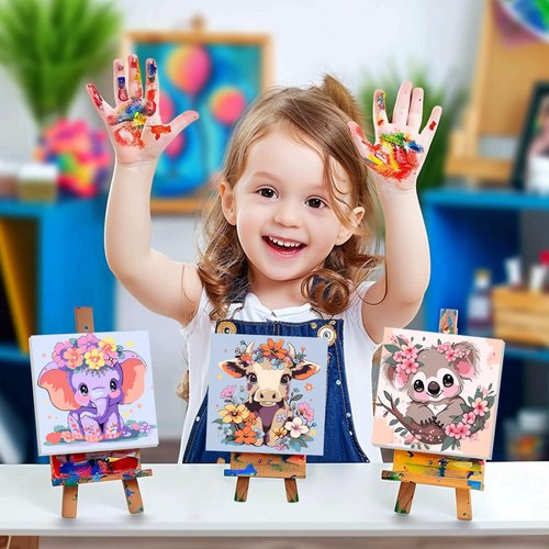 4 Pack Paint by Numbers Kit for Kids Paint by Number Kits Age 4-8 Painting Kits for Kids Ages 8-12 Girls Framed Canvas Paint by Number Animals Drawing Kit Color by Number Kids for Beginners 8x8 Inch