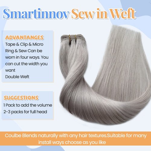 24Inch Silver Grey Human Hair Bundles 120Gram 100% Brazilian Silky Straight Sew in Extensions Double Weft Grey Human Hair Bundles for Women Hand Tied Weft Hair Extensions Silver Sew in Hair Bundles