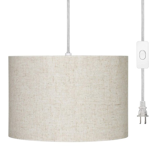 DEWENWILS Plug in Pendant Light, Hanging Light with 15Ft Clear Cord, On/Off Switch, Beige Linen Shade, Hanging Light Fixture for Bedroom, Kitchen, Living Room, Dining Table
