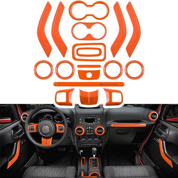 E-cowlboy 18 PCS Full Set Interior Decoration Trim Kit Steering Wheel Center Console Door Handle Air Conditioning Vent Cup Holder Gear Cover Trim for Jeep Wrangler JK JKU 2011-2018 4-Door (Orange)