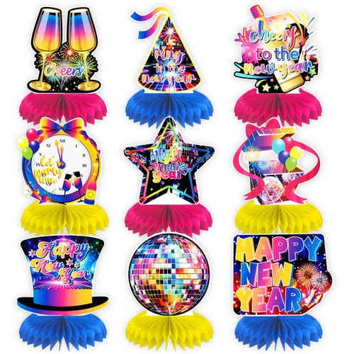 HOWAF 9pcs Happy New Year Honeycomb Centerpieces, New Year Decoration Colorful Glitter Disco New Year Table Centerpieces for 2025 New Year Eve Party Supplies, Silver 2025 NYE Table Topper