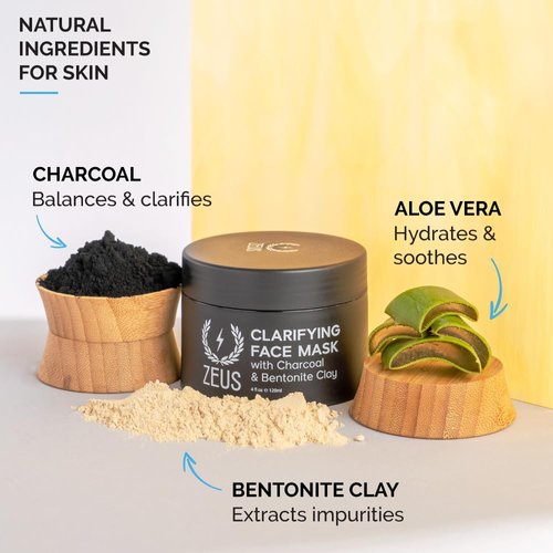 ZEUS Clarifying Face Mask with Charcoal & Bentonite Clay, Detoxifying Facial Mask For All Skin Types (Made in USA) 4 oz.
