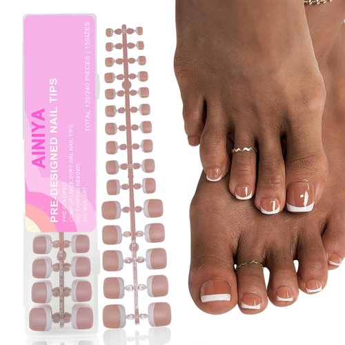 French Toe Nail Tips Press on, Short Toenail Tips Press Ons Square Pre-applied Tip Primer & Base Coat, Full Cover Matte False Nails for DIY 240 Pcs x 15 Sizes