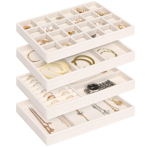 Jenseits 4 Jewelry Organizer Drawer Insert, Stackable Velvet Jewelry Tray Organizer Display Case Storage Containers, Earring Holder Necklace Watch Bracelet Accessary Ring Trays, Gift For Women (Beige)