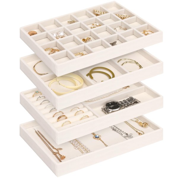 Jenseits 4 Jewelry Organizer Drawer Insert, Stackable Velvet Jewelry Tray Organizer Display Case Storage Containers, Earring Holder Necklace Watch Bracelet Accessary Ring Trays, Gift For Women (Beige)