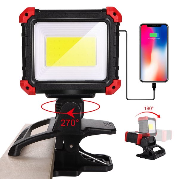 EASYMAXX LED Rechargeable Work Light with Clamp, 2100LM COB Magnetic Clip on Worklight 270° Rotating with Mobile Charger, Portable Clamp Work Light for Boats, Car Repairing, Job Site Lighting(1pack)