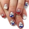 ROFIBUT 4th of July Press on Nails Short Square Fake Nails Glossy Red Blue French Independence Day Full Cover False Nails with white Stars Designs Reusable Glitter Glue on Nails for Woman Girls 24Pcs
