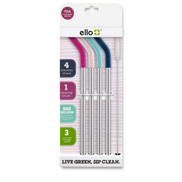 Ello Impact Reusable Stainless Steel Straws with Cleaning Brush, 4 Piece, June Breeze