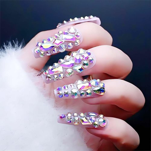 Luxurious 3D Crystal Press on Nails Long Coffin False Nails with Nail Glue Fake Nails With Rhinestones Designs Salon DIY Manicure Reusable Fake Acrylic Diamonds Nail Art Tips Gifts for Women 24Pcs