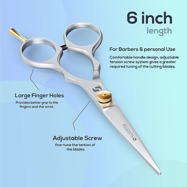 Suvorna 6" hair scissors for professional, barber & hairdresser - hair shears for cutting, trimming, grooming, precision, facial hair - Right Hand hair cutting scissors for men, women, kids, adults.
