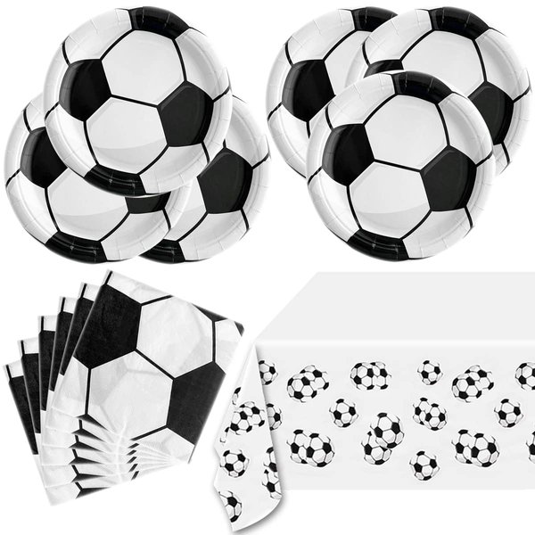 Soccer Party Tableware ,16 Plates and 16 Napkins and Tablecloth 71 '' x 42 ''Soccer Sports Themed Birthday Decorate Supplies