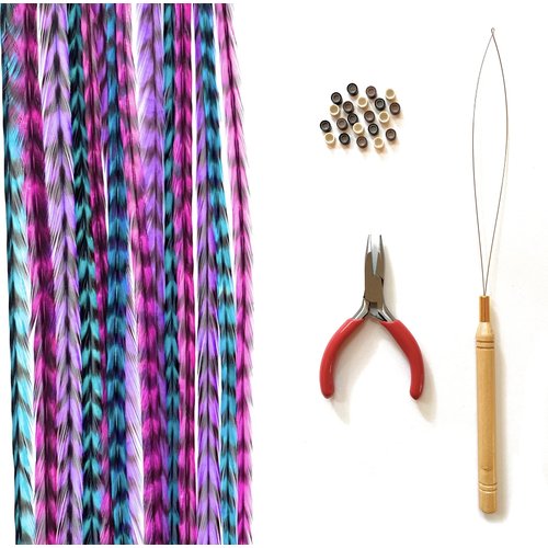 Feather Hair Extensions, 100% Real Rooster Feathers, Long Pink, Purple, Blue Colors (B1 Striped Kit)