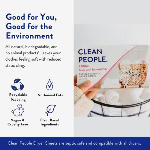 Clean People All Natural Fabric Softener Sheets - Dryer Sheets - Softens & Removes Static Cling - Vegan Laundry Softener, Essential Oils - Spring, 2 x 80 Packs