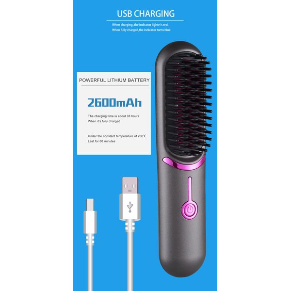 Flux Portable Hair Straightener Brush: USB Charging, Rapid 2-min Heating, Hidden Heating, Scalp Massage, LED Display, auto Power Off, 50-min use, 4-hr Fast Charge, Tooth Comb Design.